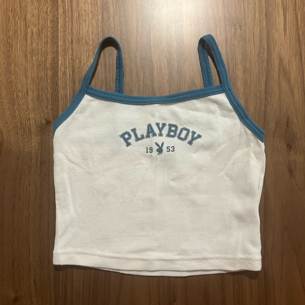 Playboy White Tank with Blue Accents